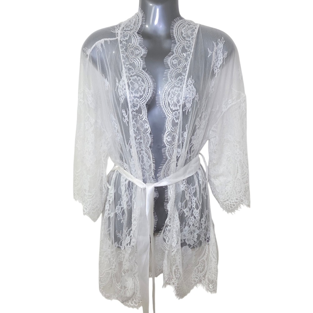 Avidlove White Lace Sheer Kimono Robe Lingerie Cover Up Tie Waist Floral Mesh L